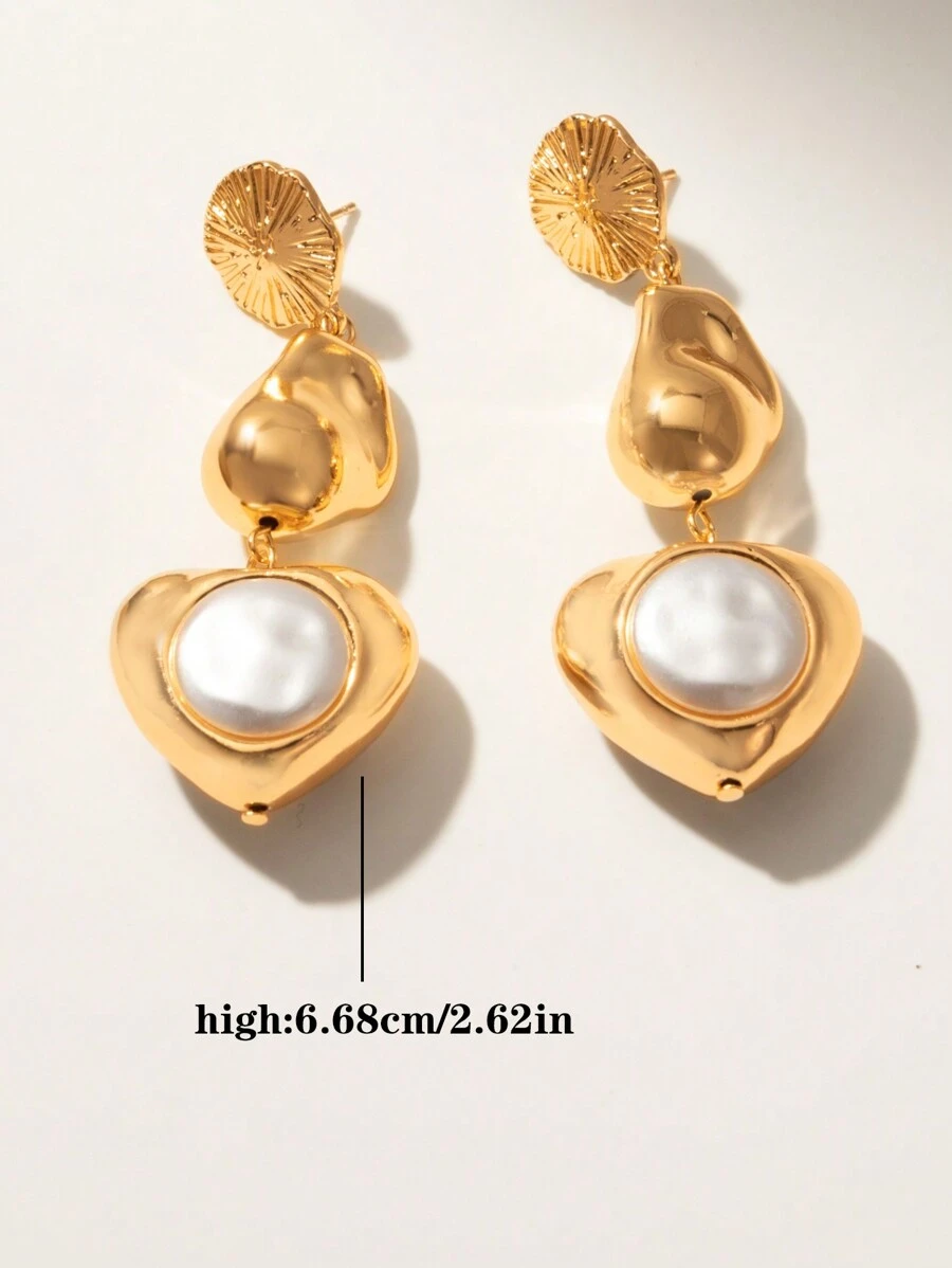 2 chiếc khuyên tai kẹp hình trái tim và ngọc trai giả tông vàng phong cách Baroque, dùng cho tiệc tùng, đám cưới, đeo hàng ngày