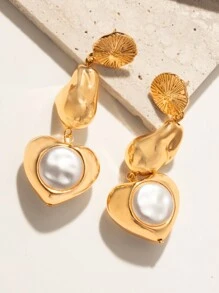 2 chiếc khuyên tai kẹp hình trái tim và ngọc trai giả tông vàng phong cách Baroque, dùng cho tiệc tùng, đám cưới, đeo hàng ngày - Vàng - Xem 4