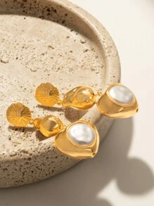 2 chiếc khuyên tai kẹp hình trái tim và ngọc trai giả tông vàng phong cách Baroque, dùng cho tiệc tùng, đám cưới, đeo hàng ngày - Vàng - Xem 5