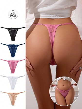 5 条装 高品质蕾丝丁字裤镂空性感低腰透气可调节丁字裤女式内裤