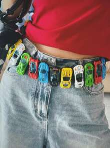 Random Color Mini Car Model Buckle Punk Style Waist Belt,Dopamine Design To Match Jeans, DIY Buckle Summer, School Fall, Autumn, Halloween - Black - View 6