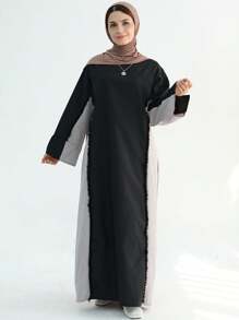 1pc Frayed Linen Blend Abaya Modest Islamic Clothing Closed Abaya Dress Robe Kaftan - Black - View 5