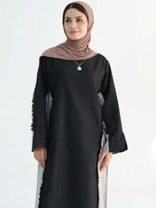 1pc Frayed Linen Blend Abaya Modest Islamic Clothing Closed Abaya Dress Robe Kaftan - Black - View 6