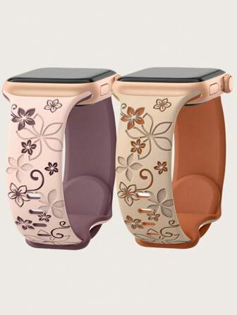 2条装花卉雕刻表带，兼容表带41mm 40mm 44mm 45mm 42mm 46mm 38mm 49mm，女士款，可爱紫荆花图案，柔软硅胶运动表带，兼容 Series SE 11 10 9 8 7 6 5 4 3 2 1 Ultra 3 2