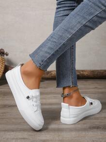 حذاء رياضي أبيض للنساء مقاسات كبيرة، موضة الحذاء المنصة المسطح الكاجوال متعدد الاستخدامات للطلبة/المدرسة، أحذية التنس - أبيض - مشاهدة 6