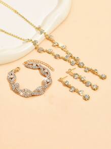 1 dây chuyền, 1 đôi bông tai, 1 vòng tay, chuỗi móng vuốt pha lê thời trang sang trọng, dây chuyền pha lê hàn, hoa tai, vòng tay bộ trang sức cô dâu - Vàng - Xem 3