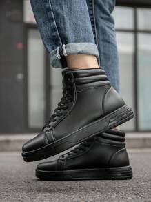 Men's Black Niche Classic Retro Casual High-Top Sneakers, Outdoor Fashion High-Platform Couples Shock-Absorbing Casual Shoes - Black - View 9