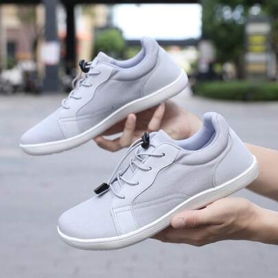 1 双舒适公路跑鞋，橡胶防滑鞋底，透气帆布鞋面，宽鞋头，适合露营、徒步旅行、散步，时尚运动鞋，轻便、防滑、系带、极简主义赤脚风格