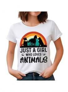 Animals T-Shirt, Retro Style Cat Dog Horse Tee, Casual Graphic Shirt For Women, 1 Pcs 220g Heavy Cotton T Shirt