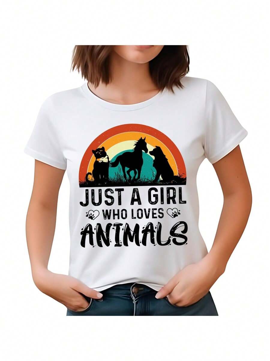 Animals T-Shirt, Retro Style Cat Dog Horse Tee, Casual Graphic Shirt For Women, 1 Pcs 220g Heavy Cotton T Shirt