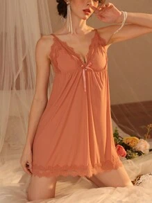 Women's Sexy Lace Splice Spaghetti Strap Short Nightgown, Suitable For Loungewear And Sleepwear