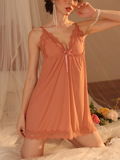 Women's Sexy Lace Splice Spaghetti Strap Short Nightgown, Suitable For Loungewear And Sleepwear