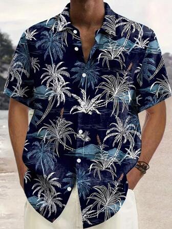 Große Größen Herren Hawaii Kokospalmen Muster Kurzarm Hemd mit Knöpfen und Tasche