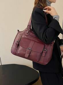 1 件多口袋女士手提包，多功能单肩/腋下休闲手提包，软皮大容量女士工作通勤包，单肩斜挎包适合办公室、购物、休闲、学校 - 酒紅色 - 查看 6