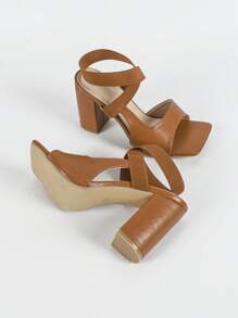 女士棕色方头粗跟凉鞋，舒适休闲别致罗马风格时尚日常工作百搭女士鞋 - 棕色 - 查看 6