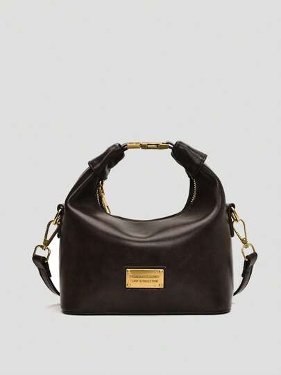 1pc Coffee Color Mini Solid Color Handbag, PU Material Zipper Closure Vintage Fashionable Minimalist Shoulder Bag, Suitable For Ladies Shopping, Daily Use