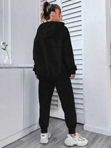 青少年女孩 2 件套休闲宽松字母印花套头连帽衫运动衫和直腿抽绳保暖内衬裤，厚实保暖服装，适合春秋冬季 - 黑色 - 查看 4