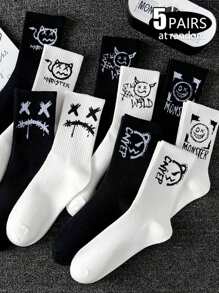 5 Pairs Mixed Men Crew Socks, Ghost Face Print, Casual Sports Basketball Socks, Black & White, Suitable For Daily Wear In Spring/Autumn, Fall
