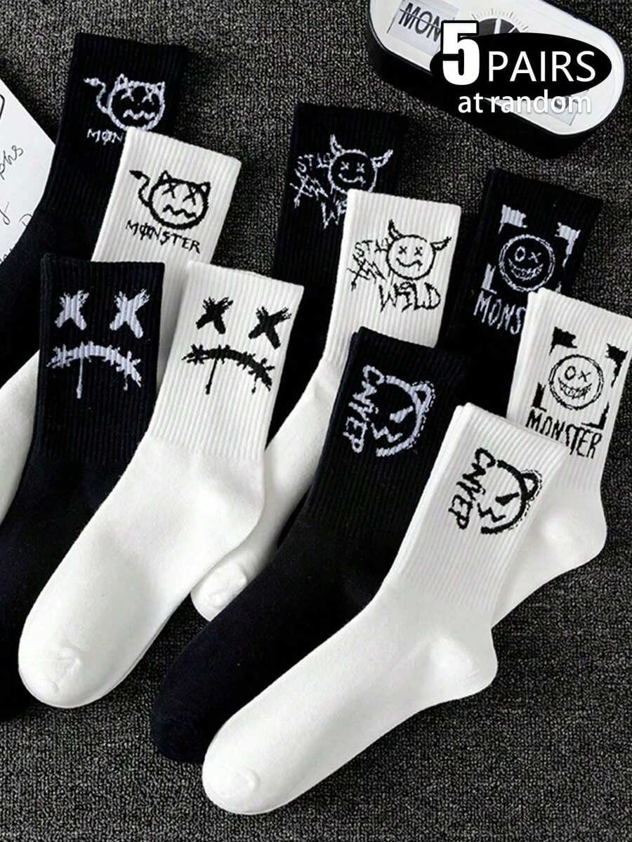 5 Pairs Mixed Men Crew Socks, Ghost Face Print, Casual Sports Basketball Socks, Black & White, Suitable For Daily Wear In Spring/Autumn, Fall