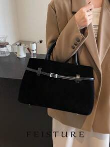 1 Pc FEISTURE Retro Suede Leather Buckle Shoulder Handbag Tote Bag, Solid Color, Suitable For Girls, Ladies, College Students, Office Workers, Great For Work, Business, Commute, School
