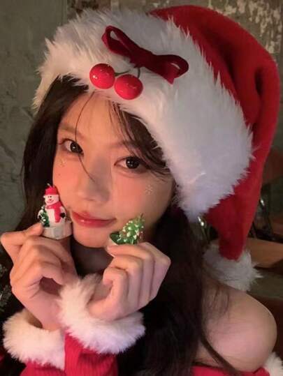 圣诞帽，红色毛绒蝴蝶结，圣诞老人帽，Cos服装，女士装扮配饰，头饰，发饰，万圣节配饰
