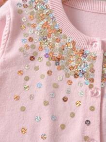女童彩色亮片装饰圆领针织开衫，适合休闲和度假穿着，春/秋/冬 - 粉色 - 查看 4