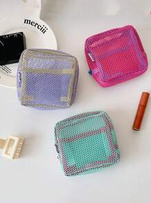 1 件女孩拼色网状豆腐形轻质化妆包，多功能卫生巾收纳袋，旅行便携式小型洗漱包收纳袋 - 彩色 - 查看 1