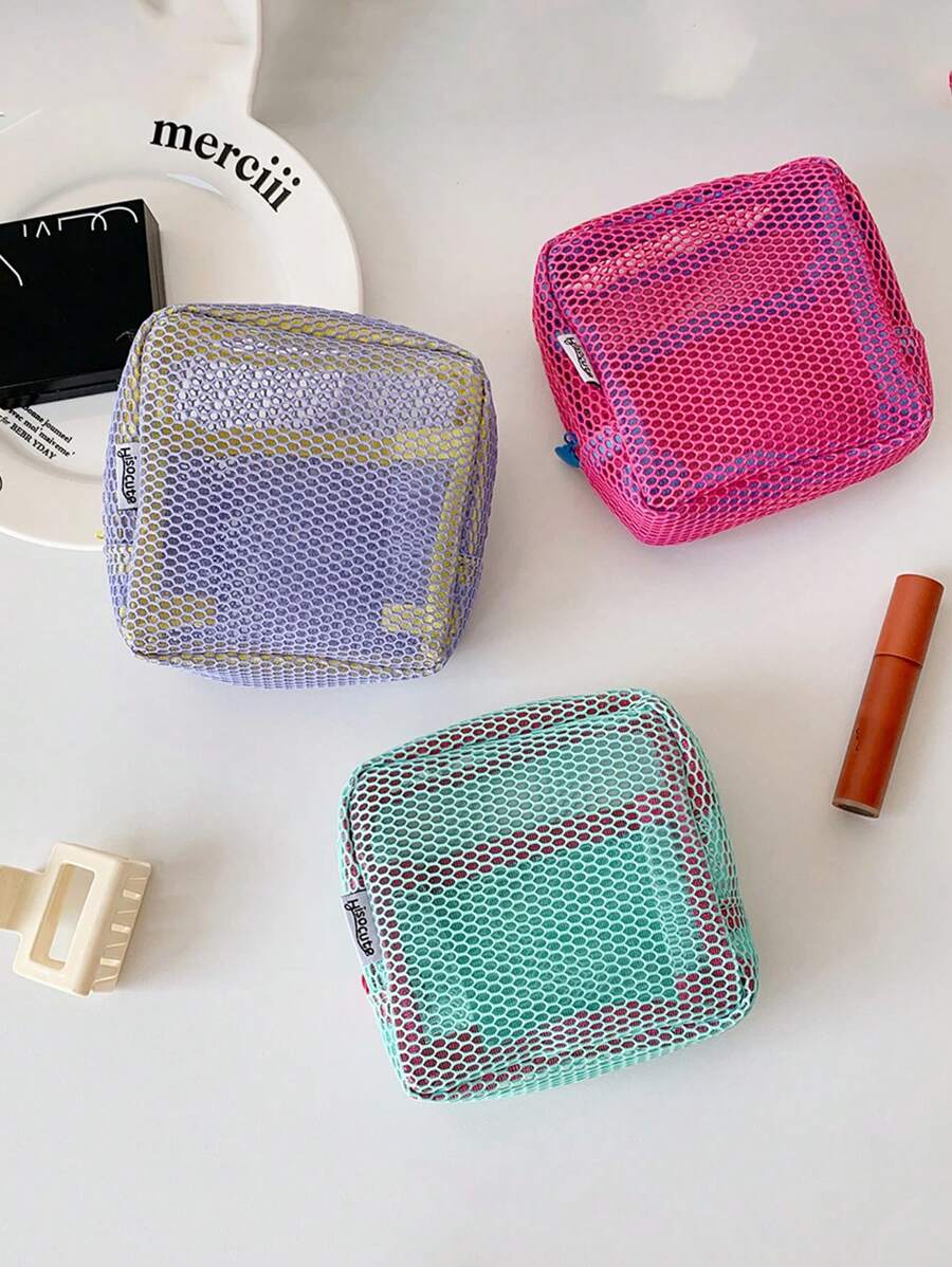 1 件女孩拼色网状豆腐形轻质化妆包，多功能卫生巾收纳袋，旅行便携式小型洗漱包收纳袋 - 彩色 - 查看 1