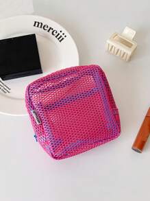 1 件女孩拼色网状豆腐形轻质化妆包，多功能卫生巾收纳袋，旅行便携式小型洗漱包收纳袋 - 彩色 - 查看 8