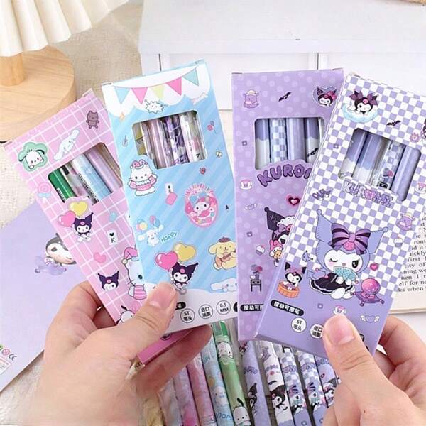 Sanrio 1 conjunto de canetas apagáveis Sanrio Cartoon, série, escrita suave, toque sensível, preto e azul cristal, fofas de alta qualidade para estudar, fazer anotações, contabilidade