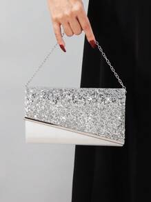 女士闪亮亮片手拿包，带金属装饰，适合婚礼、联欢会、夜总会、派对、生日和情人节礼物 - 銀色 - 查看 1