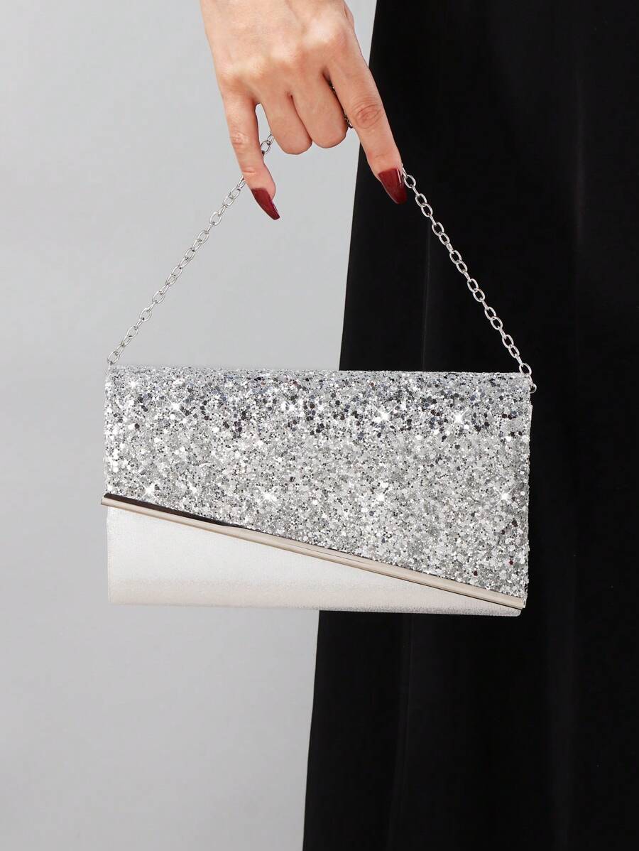 女士闪亮亮片手拿包，带金属装饰，适合婚礼、联欢会、夜总会、派对、生日和情人节礼物 - 銀色 - 查看 1