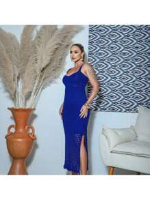 Women's Midi Summer Strap Dress With Side Slit Lace With Crochet Stitch Lined Knit Look - Màu xanh lam - Xem 4