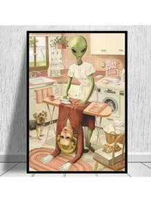 1pc Funny Alien Do Laundry Poster Canvas Painting Laundry Day Wall Art For Washing Drying Room Home Decoration Picture No Frame - Multicolor - View 1