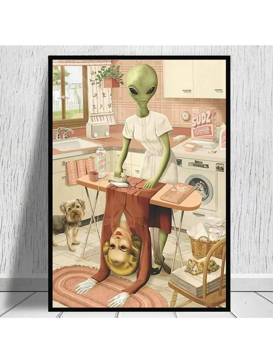 1pc Funny Alien Do Laundry Poster Canvas Painting Laundry Day Wall Art For Washing Drying Room Home Decoration Picture No Frame - Multicolor - View 1
