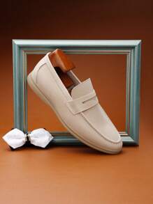 柔软皮革男士舒适一脚蹬乐福鞋，优质材料低帮正装鞋，简约正式工作鞋，休闲时尚潮流鞋，圆头舒适英式正装鞋，百搭婚鞋 - 米色 - 查看 4