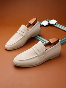 柔软皮革男士舒适一脚蹬乐福鞋，优质材料低帮正装鞋，简约正式工作鞋，休闲时尚潮流鞋，圆头舒适英式正装鞋，百搭婚鞋 - 米色 - 查看 7