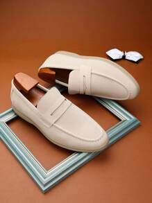 柔软皮革男士舒适一脚蹬乐福鞋，优质材料低帮正装鞋，简约正式工作鞋，休闲时尚潮流鞋，圆头舒适英式正装鞋，百搭婚鞋 - 米色 - 查看 6