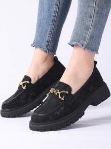 2024 New Women's Black Metal Buckle Fashion British Style Leather Patchwork Flat Loafers - Black - View 4