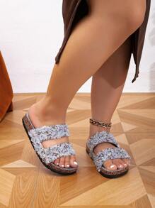 roulvxiang 女士厚底拖鞋 - 闪亮厚底拖鞋,记忆海绵鞋垫,防滑家居鞋,适合休闲、室内外穿着,春夏穿搭 - 灰色 - 查看 5