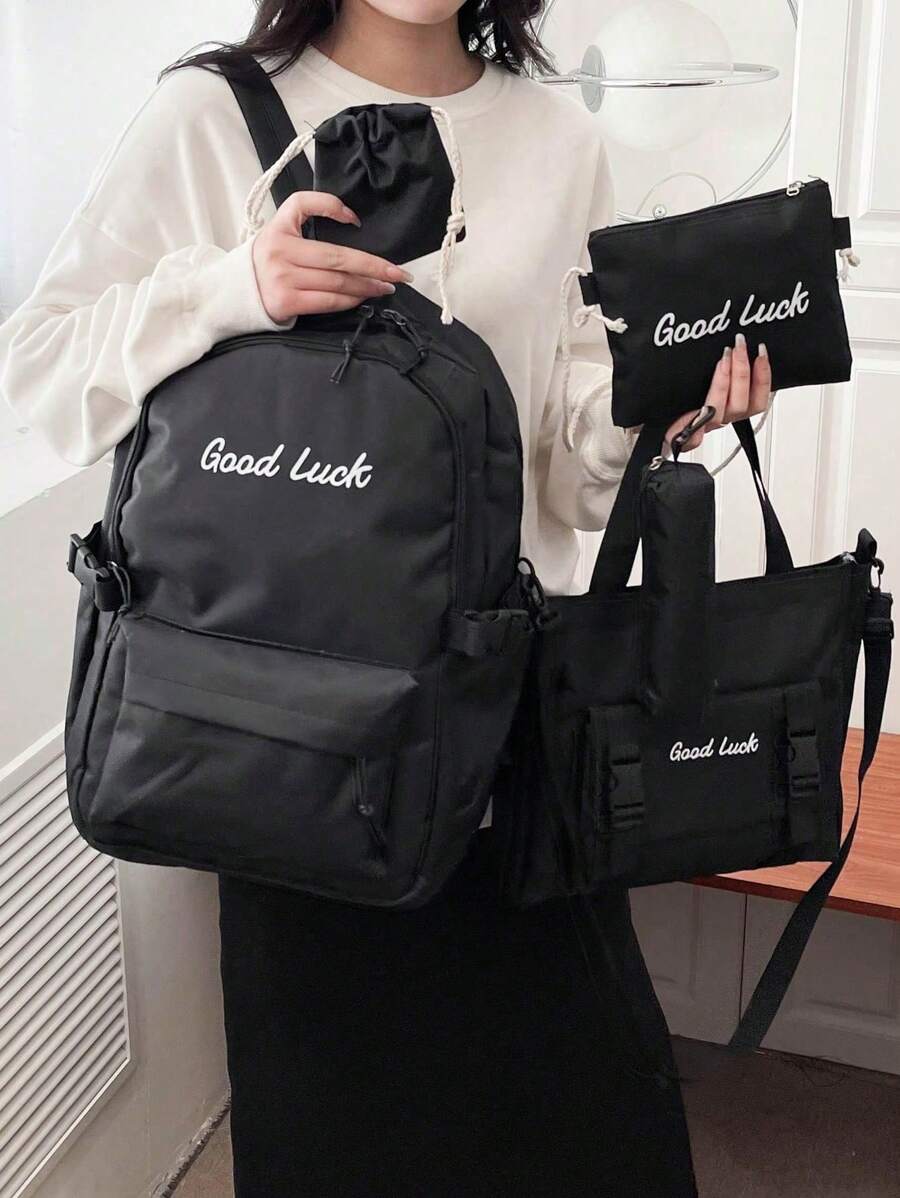 Bộ 5 chiếc/bộ Ba lô thời trang mới bằng nylon rắn, dung tích lớn, dễ thương cho bé gái thời trang, Bộ dụng cụ du lịch cặp đi học, Bộ đa năng - màu đen - Xem 1