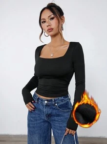 Simple Casual Women Long Sleeve Warm T-Shirt, Autumn/Winter - Black - View 6
