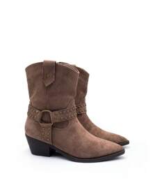 Cowboy-enkellaarzen voor dames, puntige neus met gespdetail met studs, geborduurd ontwerp, ritssluiting aan de zijkant