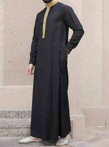 Traditional Embroidered Collar Long Robe For Men, Casual Nationality Arabic Style Long Sleeve Robe - Black - View 3