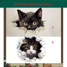 3D 裂缝墙猫贴纸 - 塑料易移除贴纸，可爱猫防水自粘可移除马桶座贴纸适用于浴室装饰、马桶水箱盖、有趣的马桶配件、古怪浴室水箱装饰、美学房间装饰（1 件） - 彩色 - 查看 2