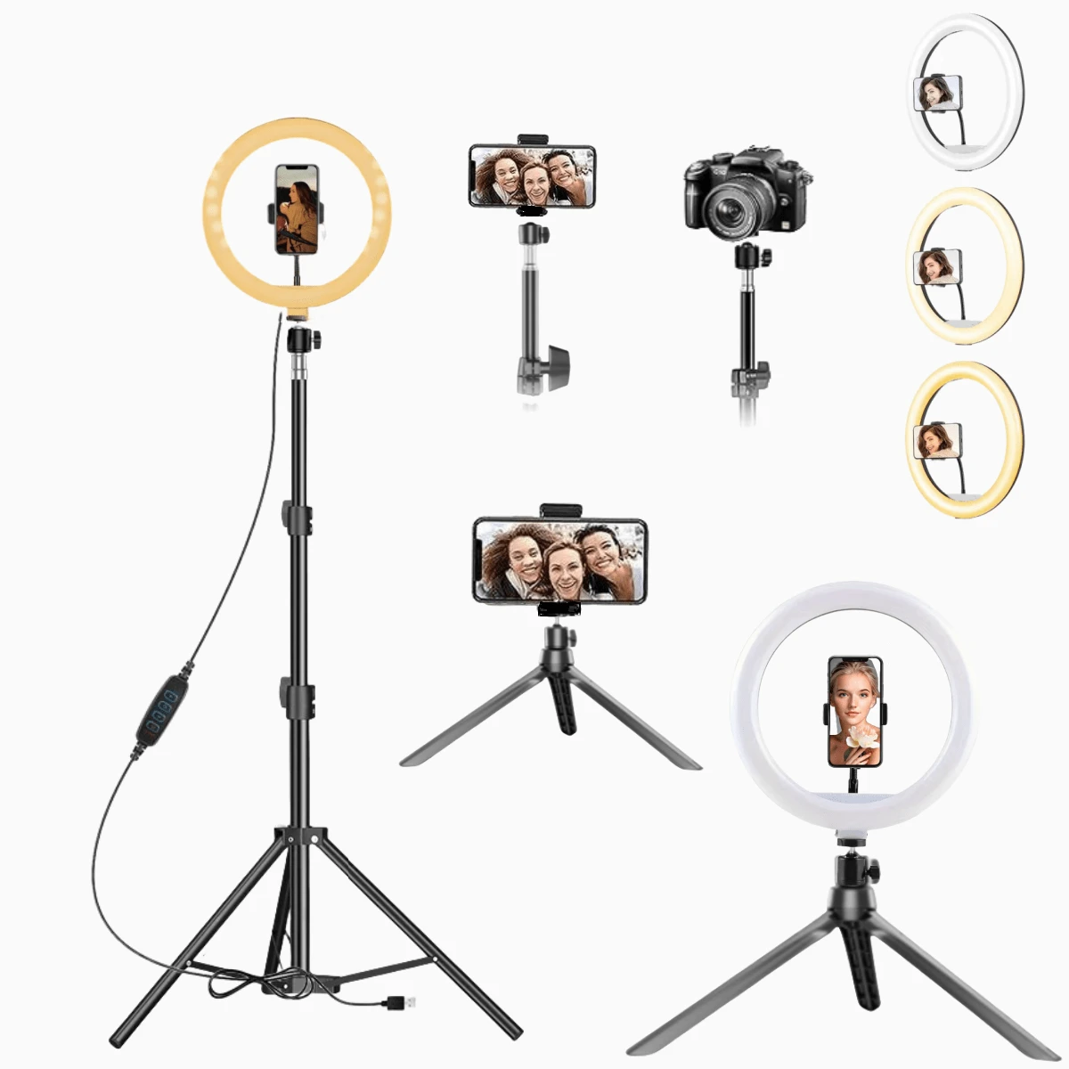 Anneau lumineux selfie de 10 pouces avec support trépied et téléphone portable led à intensité