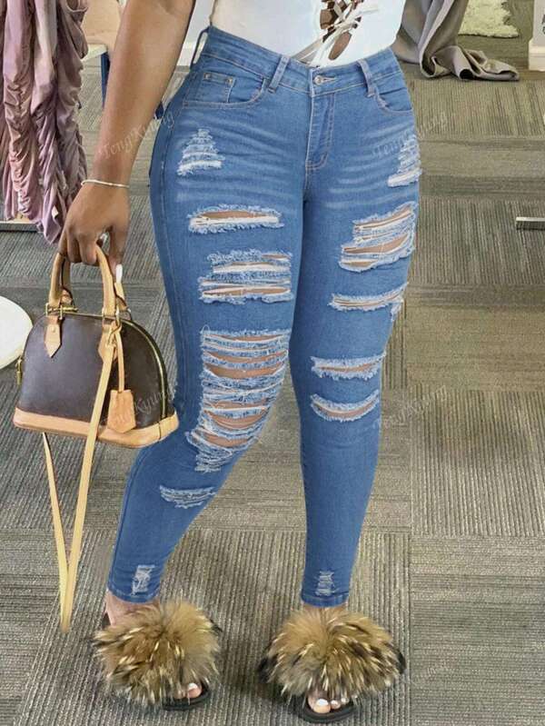 Women's Fashion Casual Slim-Fit Stretchy Athletic Commuting Pockets Sexy Youth Distressed Street Elegant Skinny Jeans