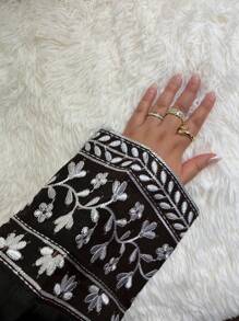 1 件适度亚麻长袍配腰带，女士阿拉伯民族服装，经典纯色优雅休闲宽松长袍长袍配披肩，绣花袖口，透气面料，适合日常生活、节日、聚会、宴会、旅游和度假 - 黑色 - 查看 4