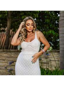 Women's Midi Summer Strap Dress With Side Slit Lace With Crochet Stitch Lined Knit Look - Màu xanh lam - Xem 6