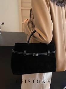 1 Pc FEISTURE Retro Suede Leather Buckle Shoulder Handbag Tote Bag, Solid Color, Suitable For Girls, Ladies, College Students, Office Workers, Great For Work, Business, Commute, School